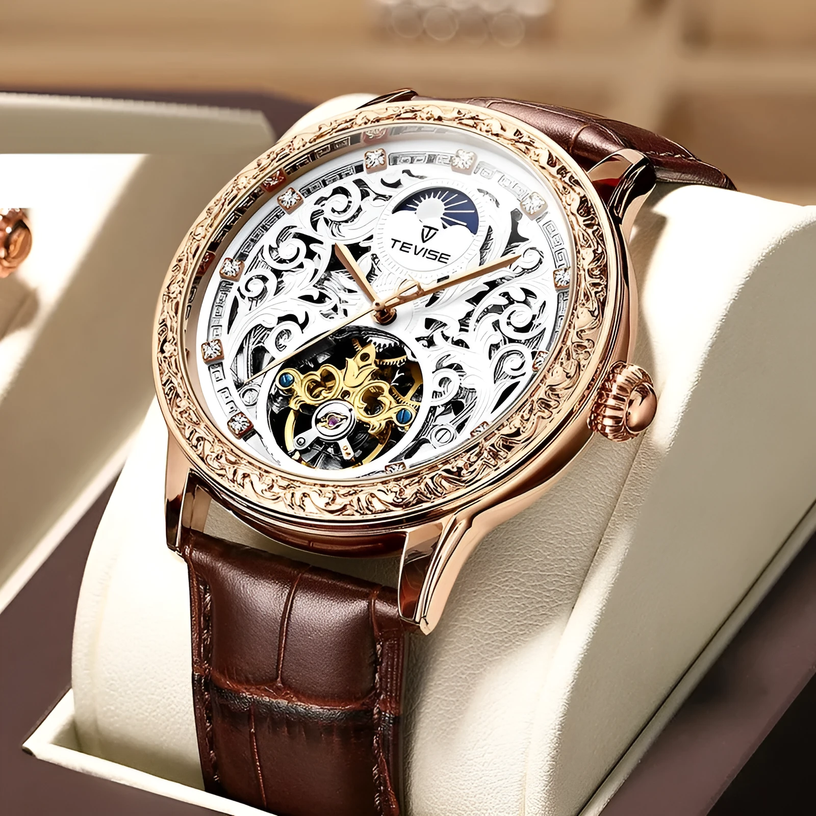 Business casual waterproof hollow out men's mechanical watch with rose black leather strap