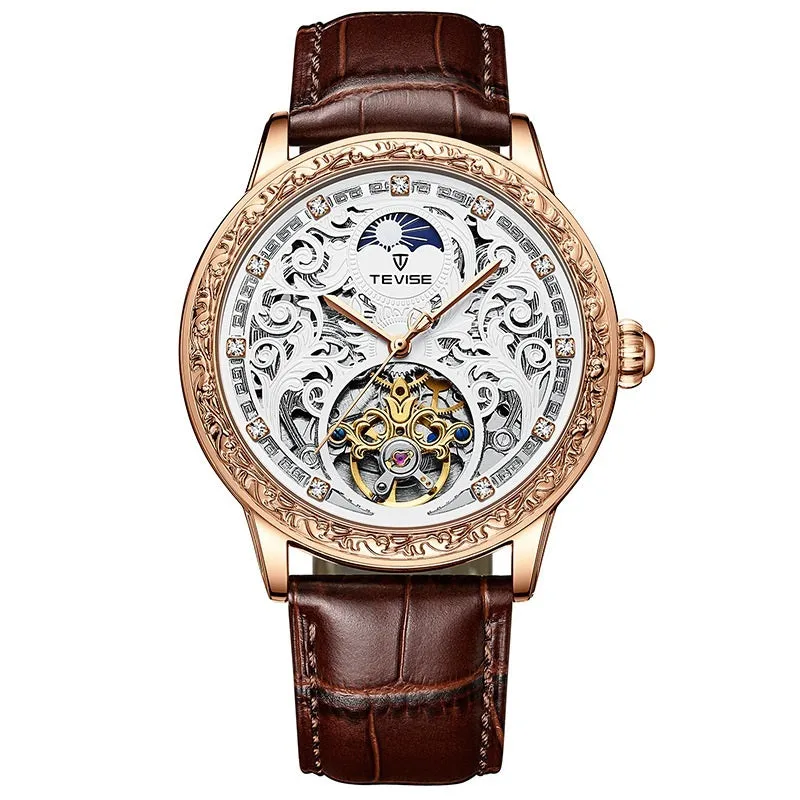 Business casual waterproof hollow out men's mechanical watch with rose black leather strap