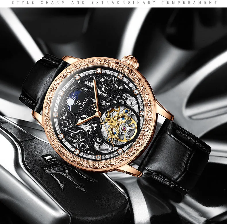 Business casual waterproof hollow out men's mechanical watch with rose black leather strap