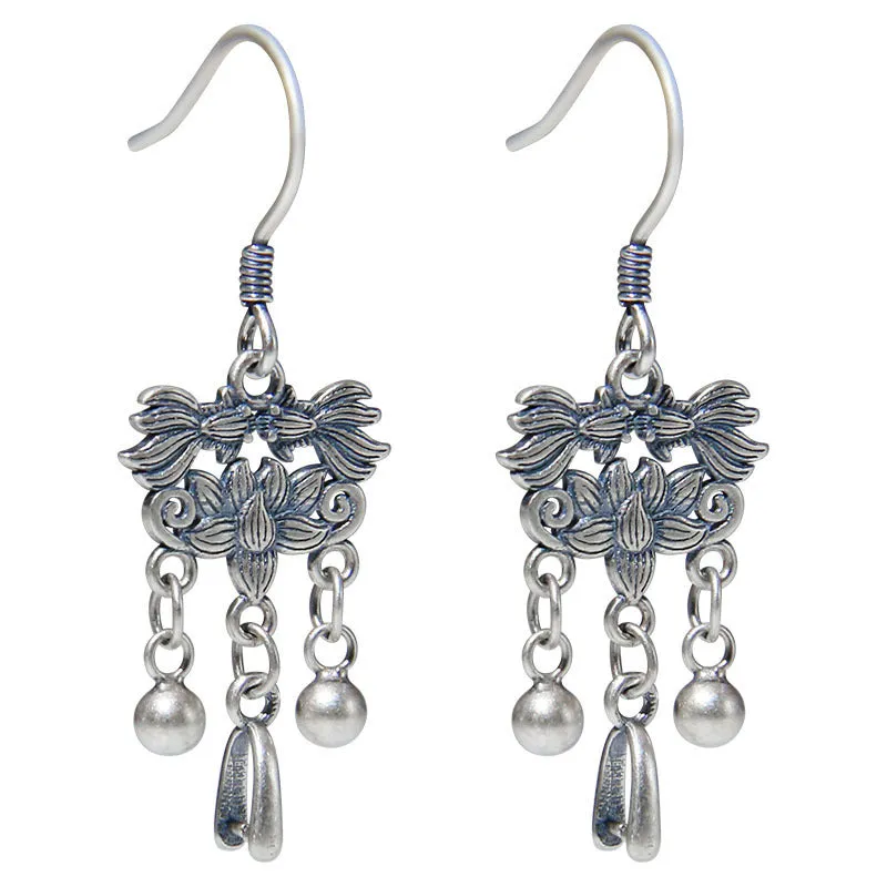 925 silver koi fish earrings handmade retro ethnic style ear hook women's sterling silver jewellery