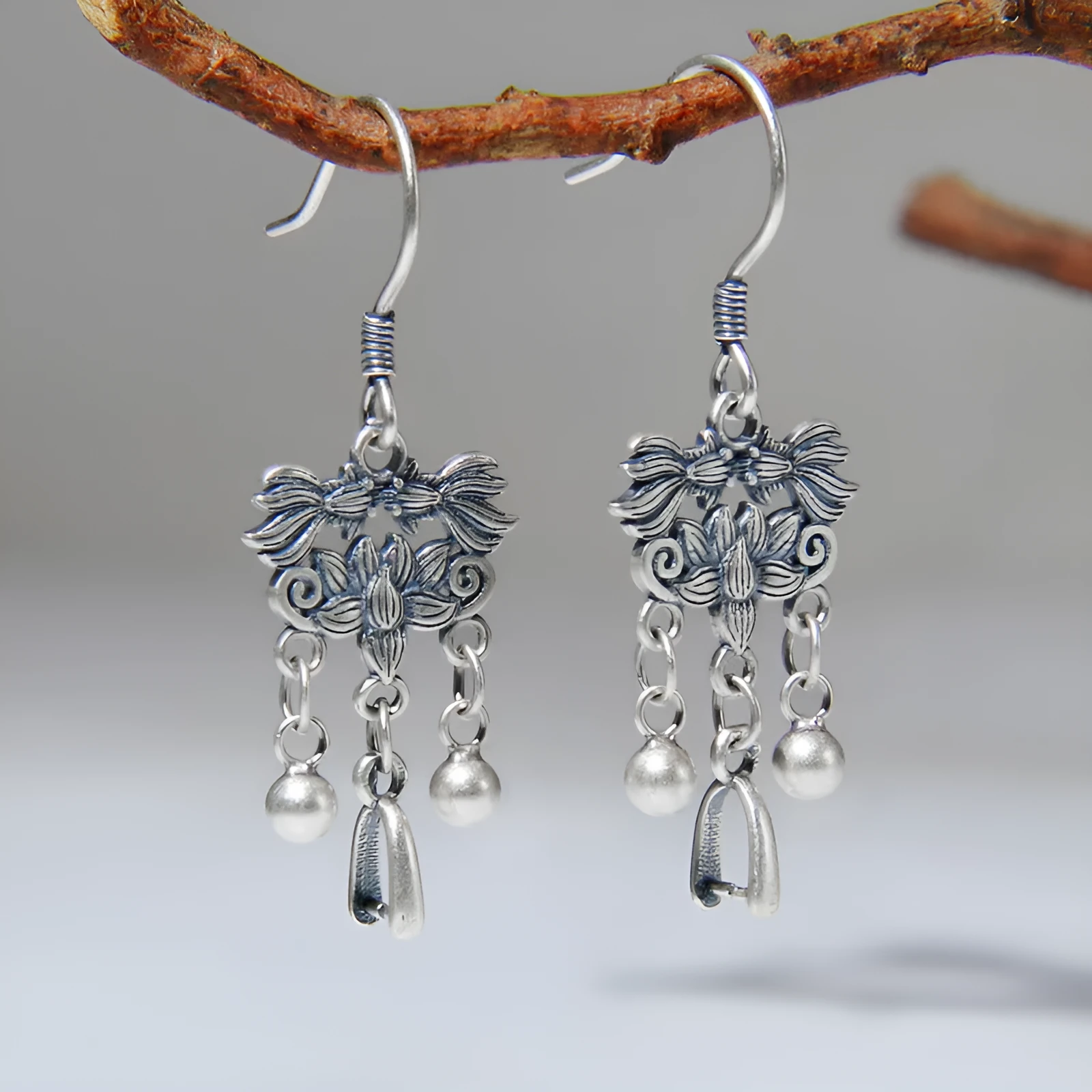 925 silver koi fish earrings handmade retro ethnic style ear hook women's sterling silver jewellery