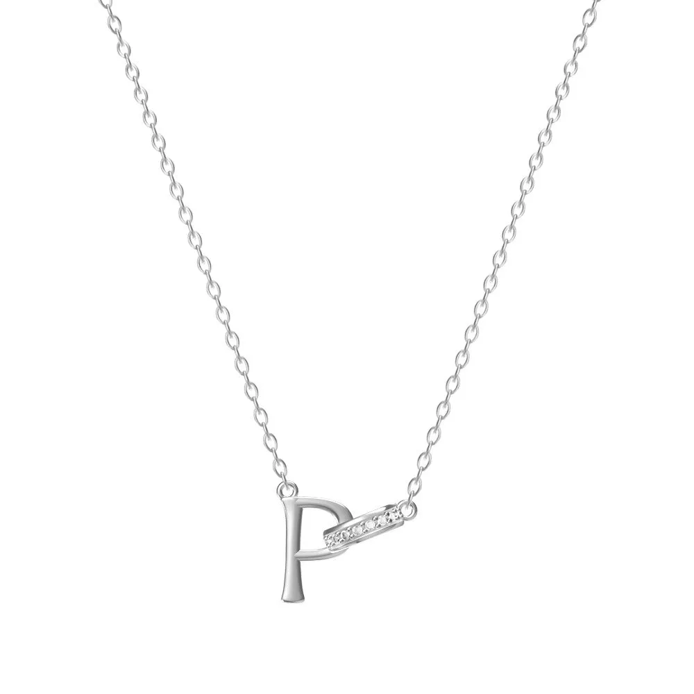 Women's 26-letter initial necklace in titanium steel with a round zircon pendant on a cross chain, colour option shown