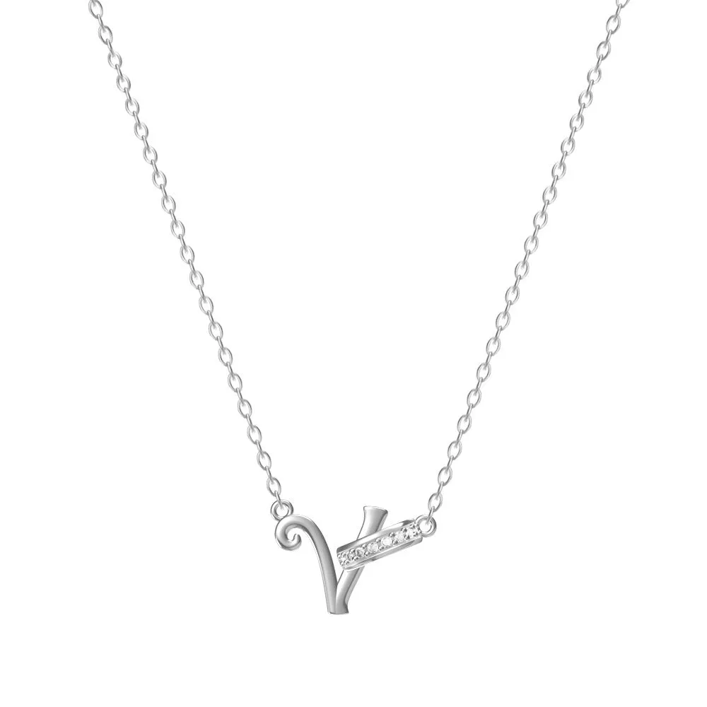 Women's 26-letter initial necklace in titanium steel with a round zircon pendant on a cross chain, colour option shown