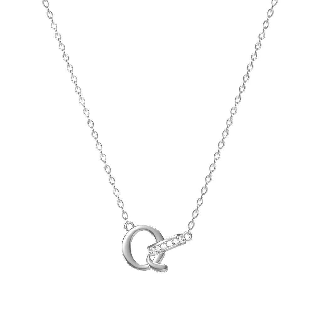 Women's 26-letter initial necklace in titanium steel with a round zircon pendant on a cross chain, colour option shown