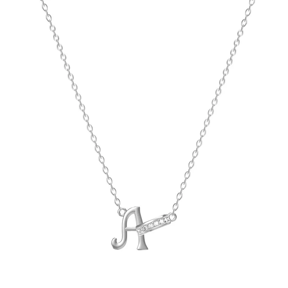 Women's 26-letter initial necklace in titanium steel with a round zircon pendant on a cross chain, colour option shown