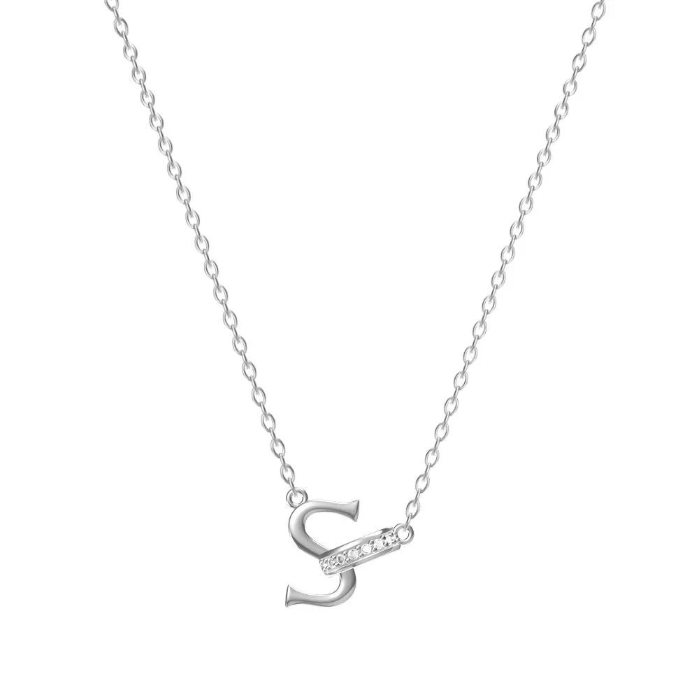 Women's 26-letter initial necklace in titanium steel with a round zircon pendant on a cross chain, colour option shown