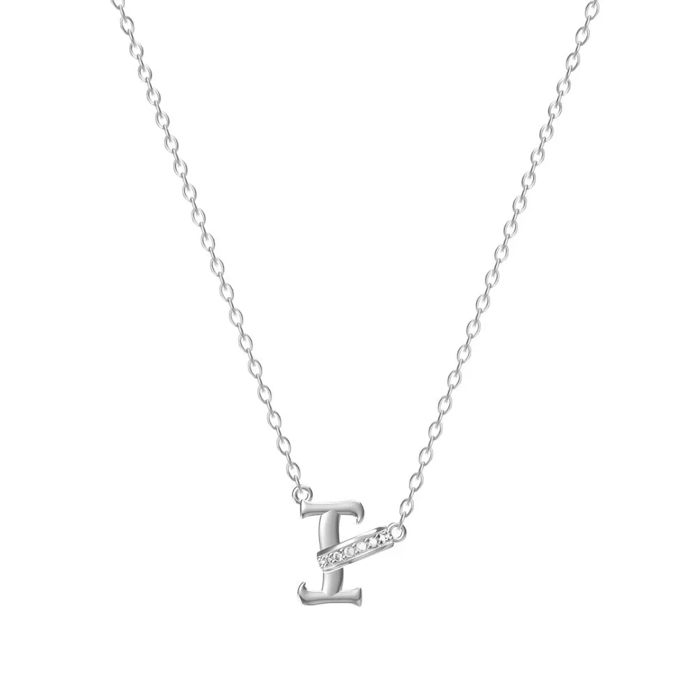 Women's 26-letter initial necklace in titanium steel with a round zircon pendant on a cross chain, colour option shown