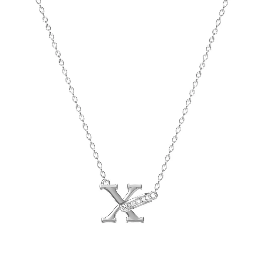 Women's 26-letter initial necklace in titanium steel with a round zircon pendant on a cross chain, colour option shown