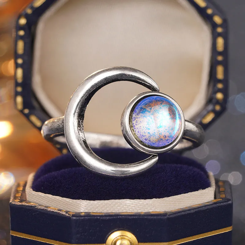 Antique silver moonstone ring for women with adjustable opening on copper band