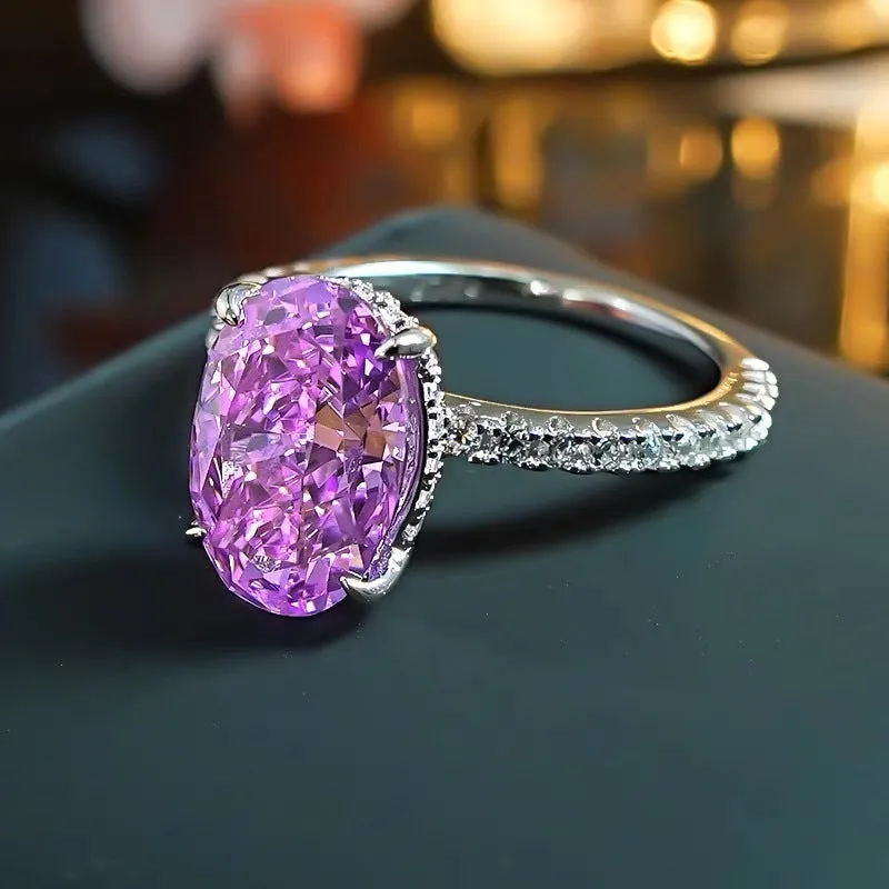Simple violet starry zircon open mouth ring for women, copper with electroplating, geometric ellipse shape