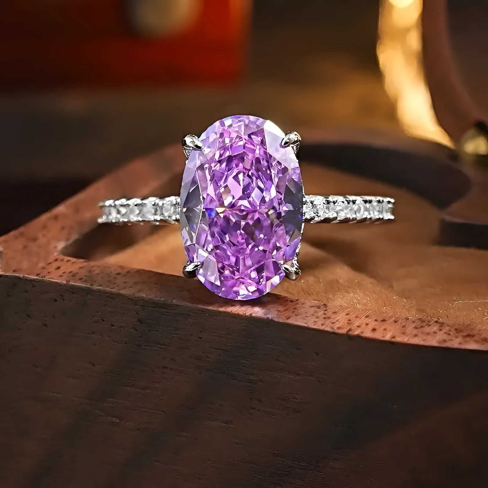 Simple violet starry zircon open mouth ring for women, copper with electroplating, geometric ellipse shape