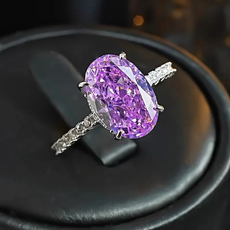 Simple violet starry zircon open mouth ring for women, copper with electroplating, geometric ellipse shape