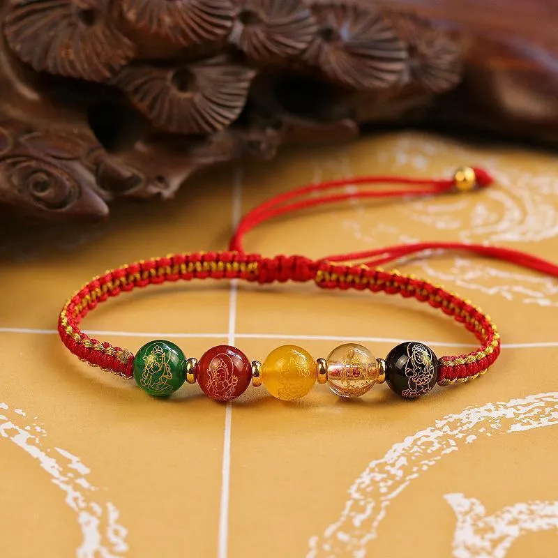 Hand-woven agate bracelet with Five Gods of Wealth motif and red rope band, geometric shape, national style