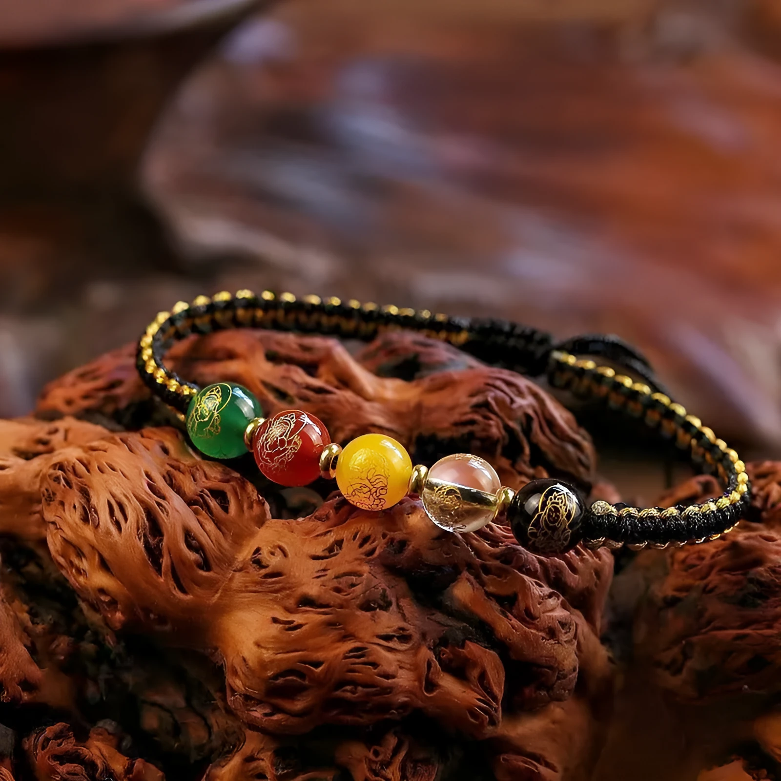 Hand-woven agate bracelet with Five Gods of Wealth motif and red rope band, geometric shape, national style
