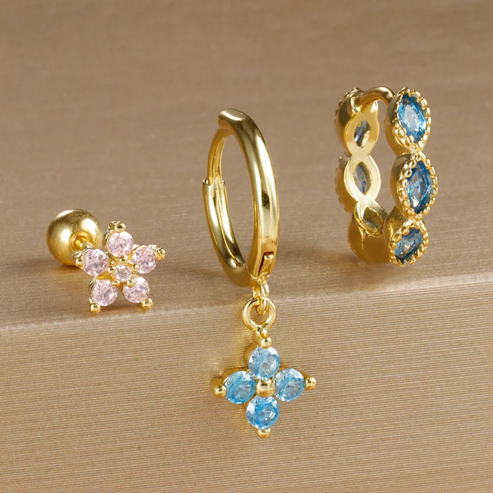 Crystal flowers geometric cartilage earrings set on copper with electroplated gold finish