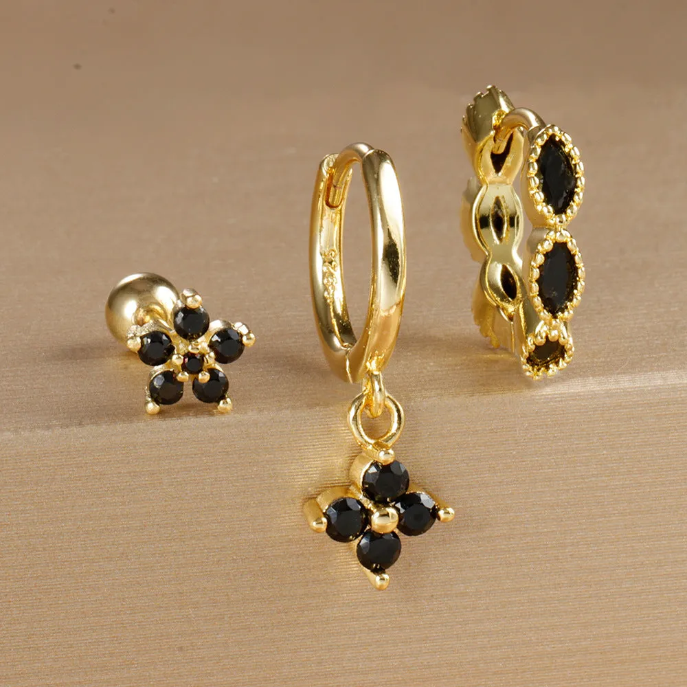 Crystal flowers geometric cartilage earrings set on copper with electroplated gold finish