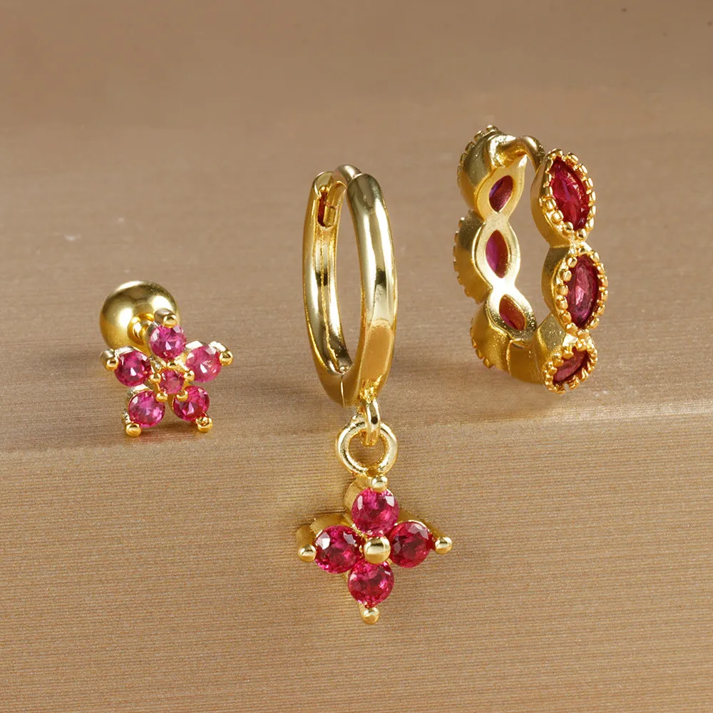 Crystal flowers geometric cartilage earrings set on copper with electroplated gold finish