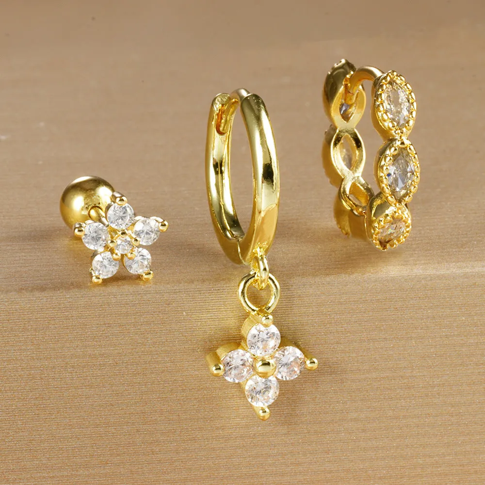 Crystal flowers geometric cartilage earrings set on copper with electroplated gold finish
