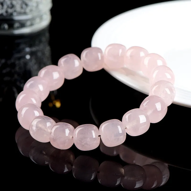 Pink crystal barrel bead bracelet with natural bamboo elements, geometric 11-12mm beads