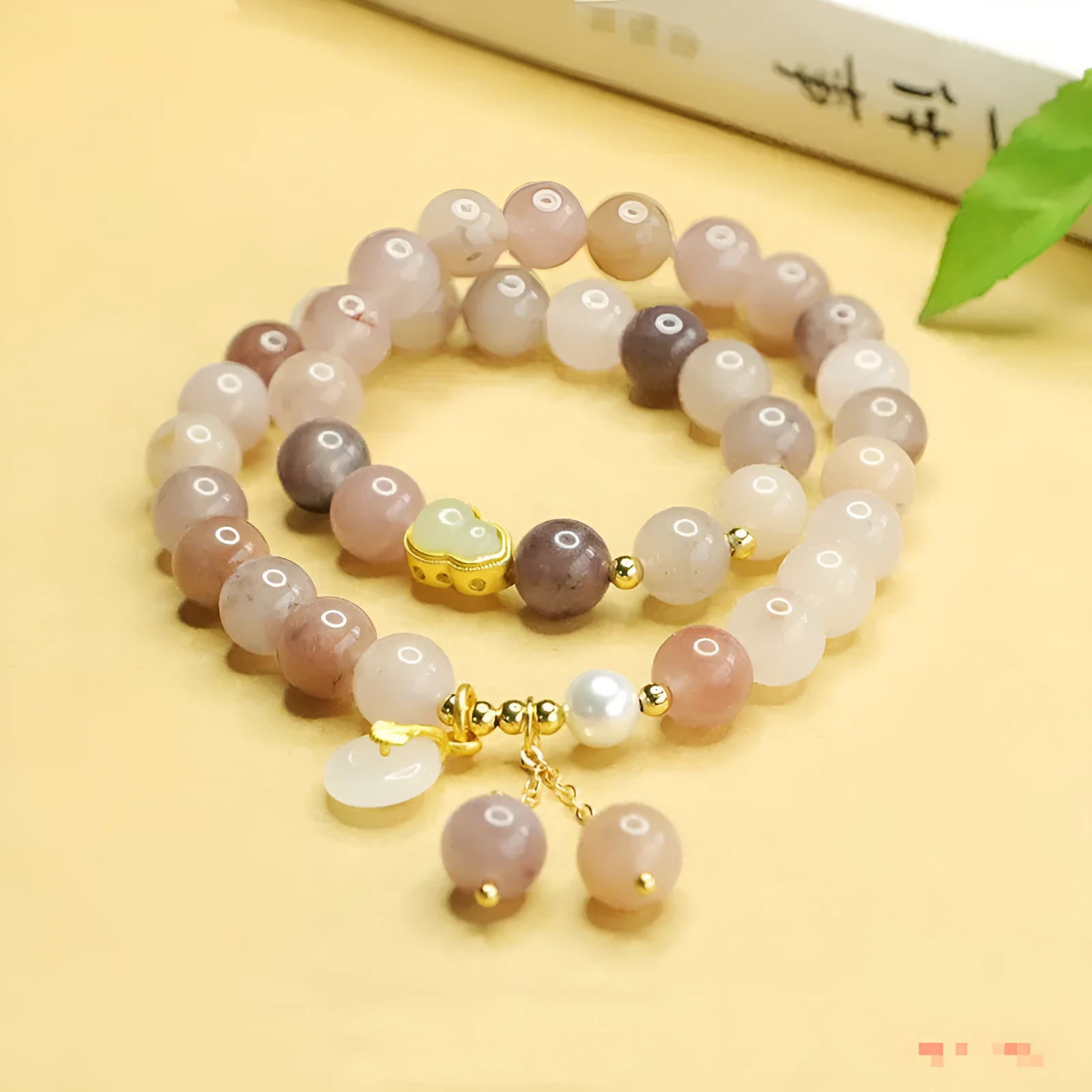 Natural Jinsi Jade double ring gourd bracelet 8mm gold silk jade colour unisex polished finish