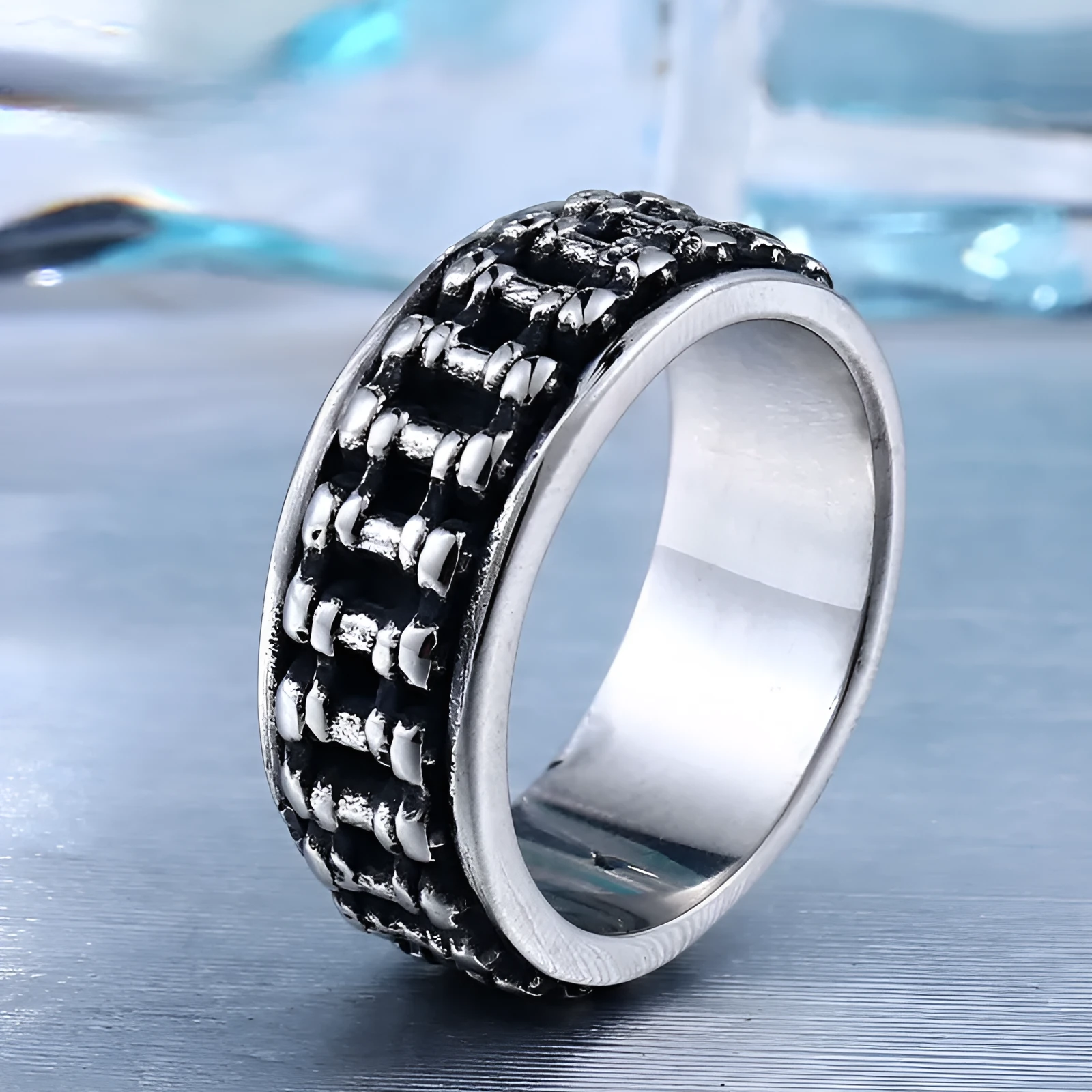 Retro biker ornament personality men's silver chain ring on finger