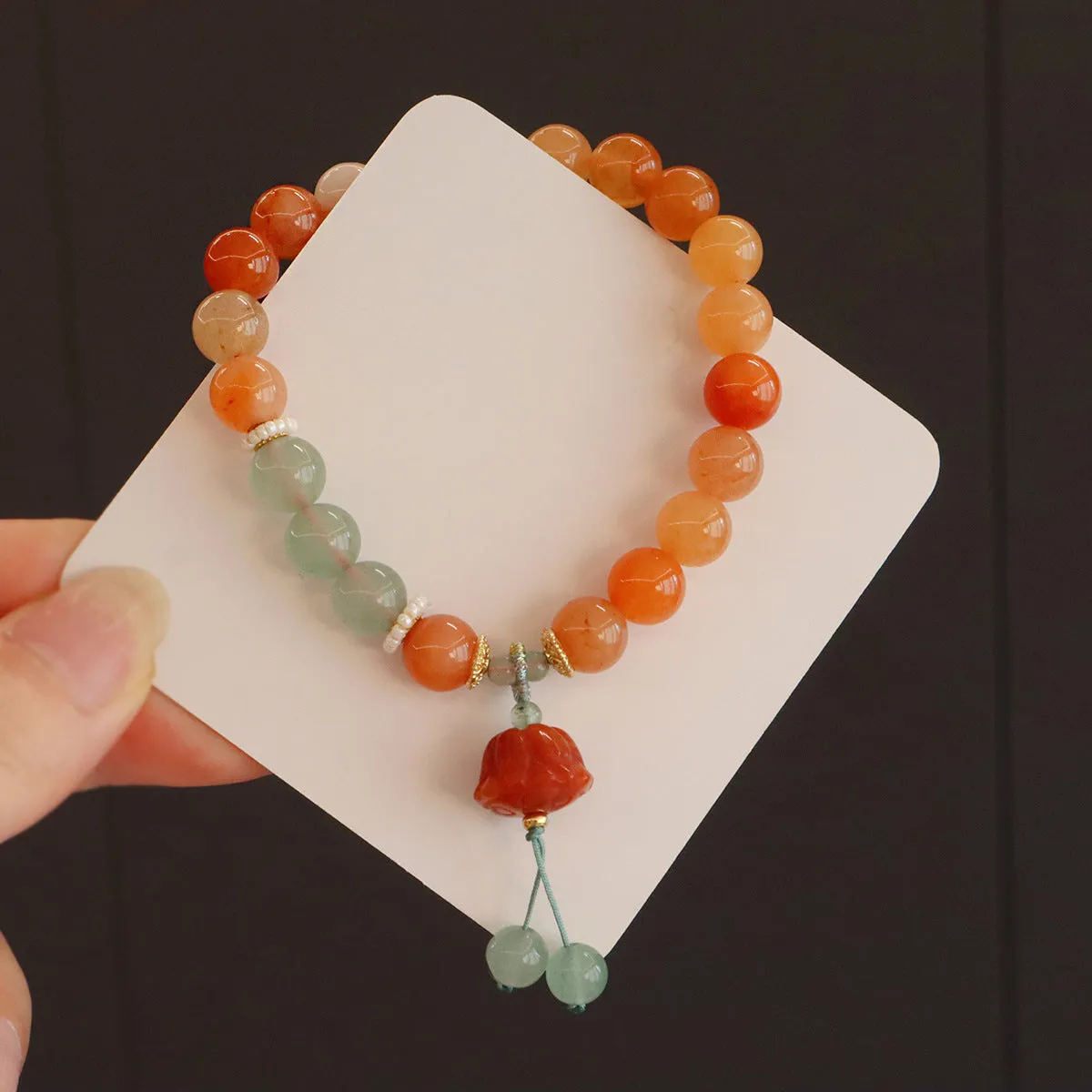 Natural stone Jinsi jade beaded bracelet with white crystal and lily motif, women's antique style