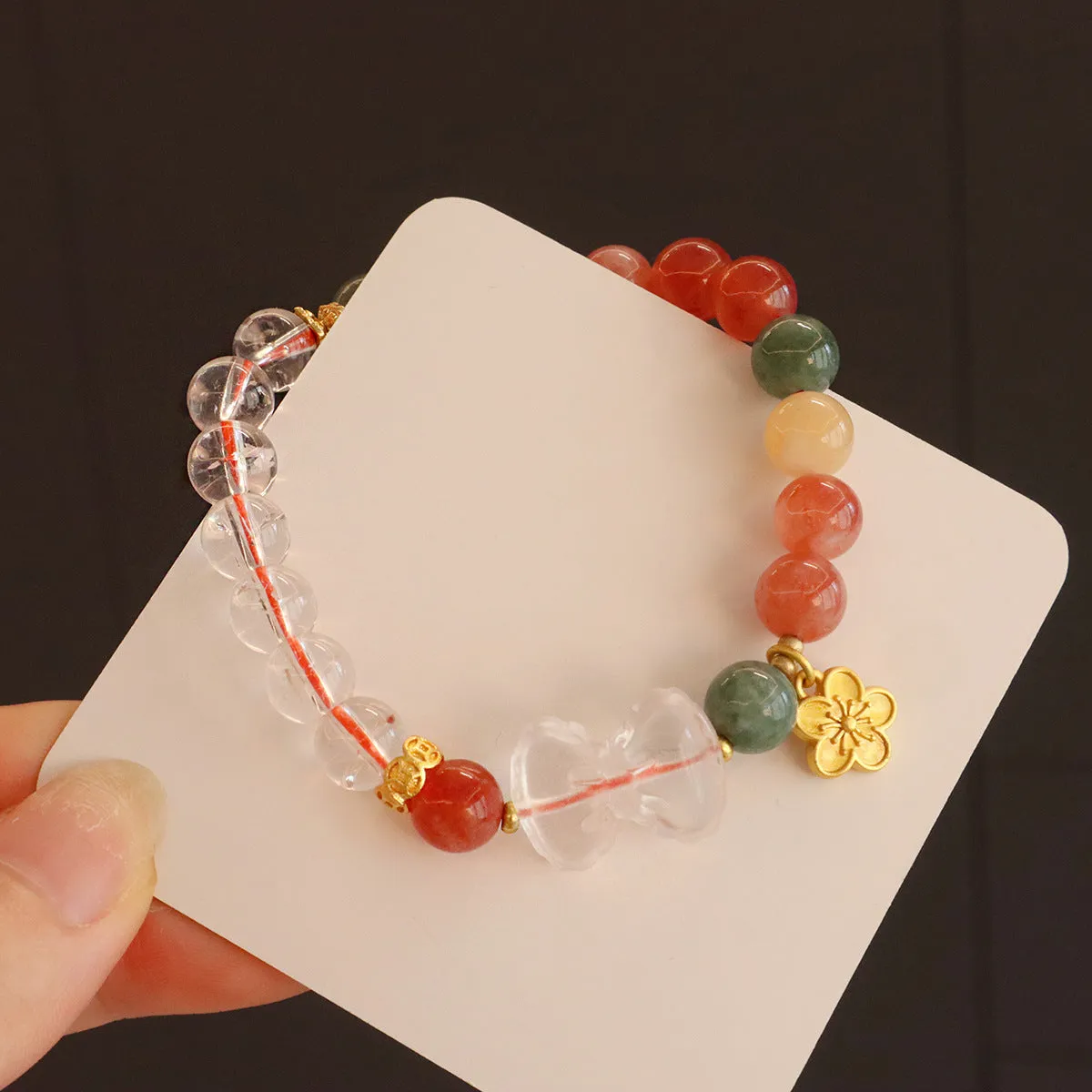 Natural stone Jinsi jade beaded bracelet with white crystal and lily motif, women's antique style