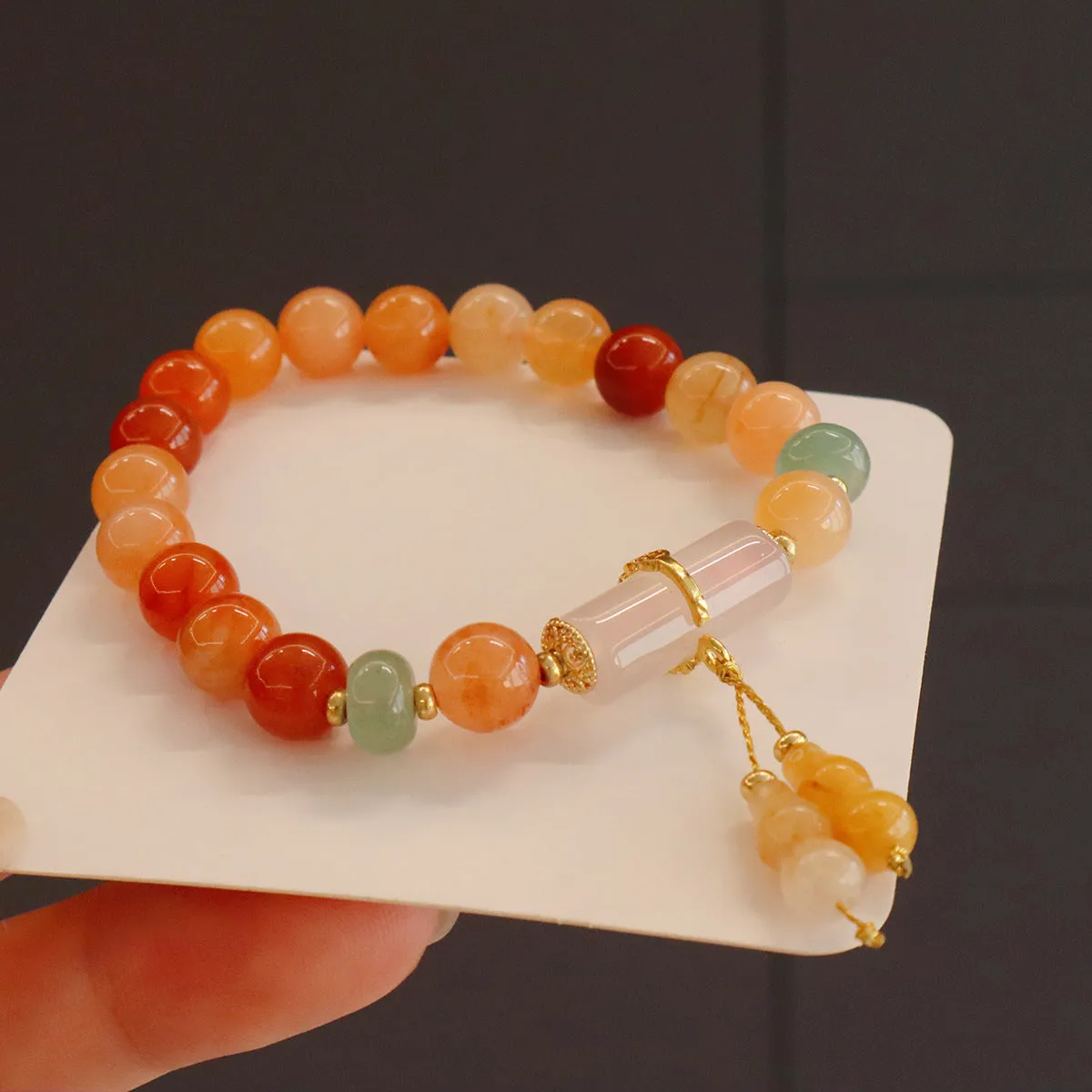 Natural stone Jinsi jade beaded bracelet with white crystal and lily motif, women's antique style
