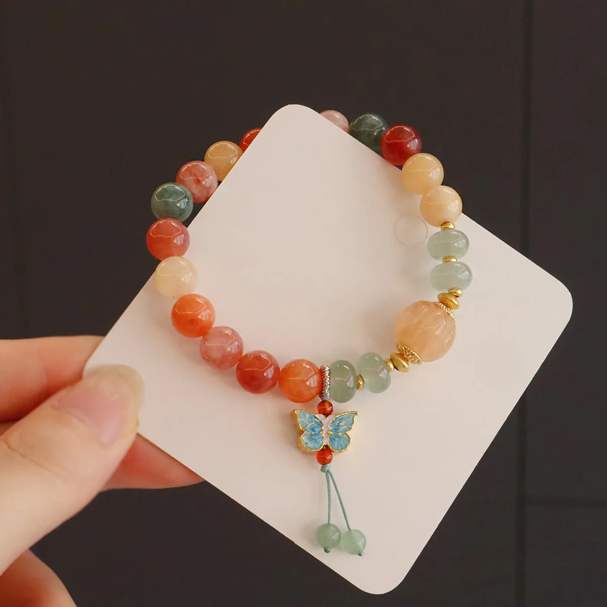 Natural stone Jinsi jade beaded bracelet with white crystal and lily motif, women's antique style