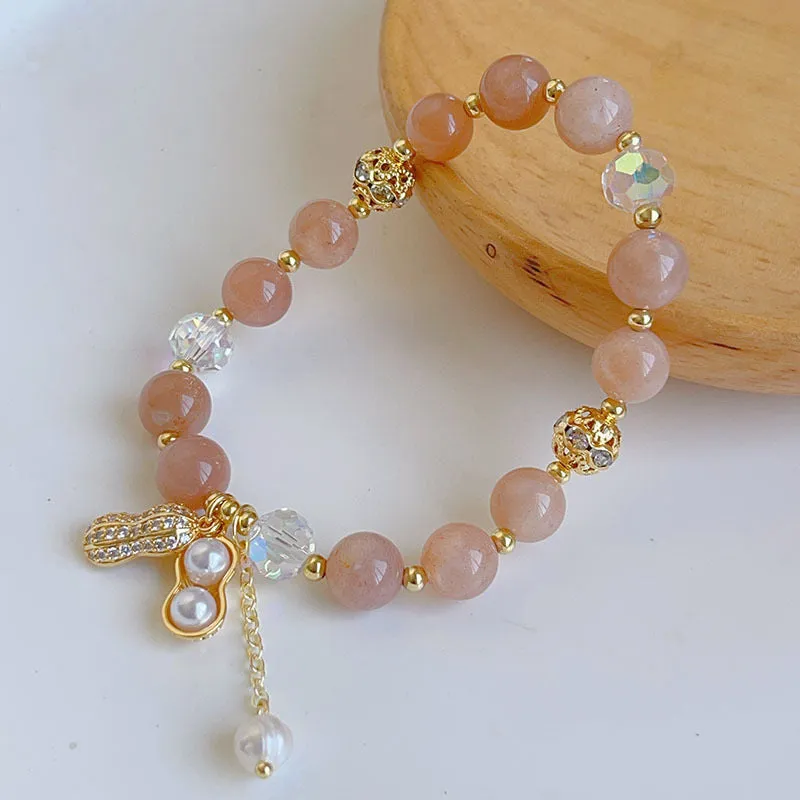 Citrine Female Peanut Sunstone Beaded Bracelet in gold colour, simple crystal bead design for women