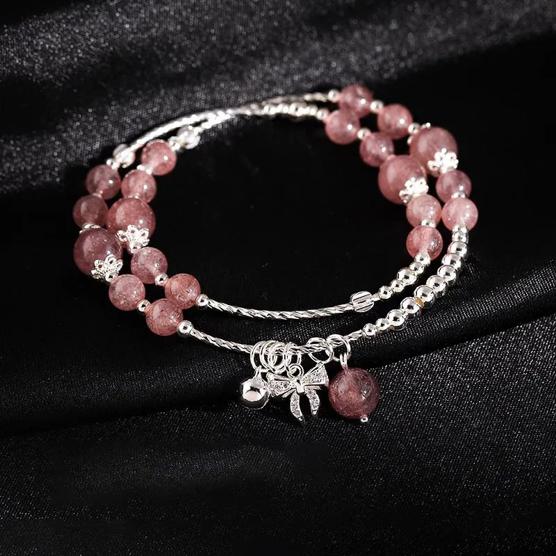 Pink double-layer bow bracelet with handcrafted artificial crystal beads for women