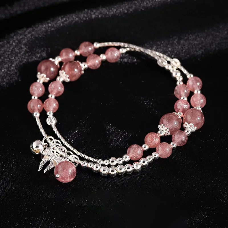 Pink double-layer bow bracelet with handcrafted artificial crystal beads for women