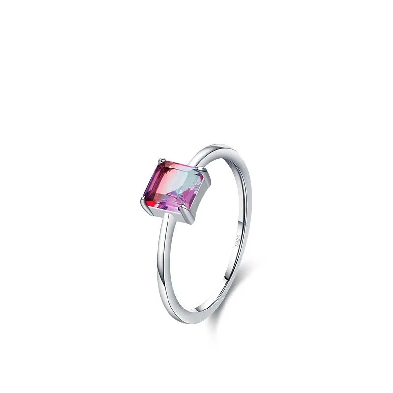 S925 sterling silver slim ring with quadrilateral watermelon tourmaline gemstone
