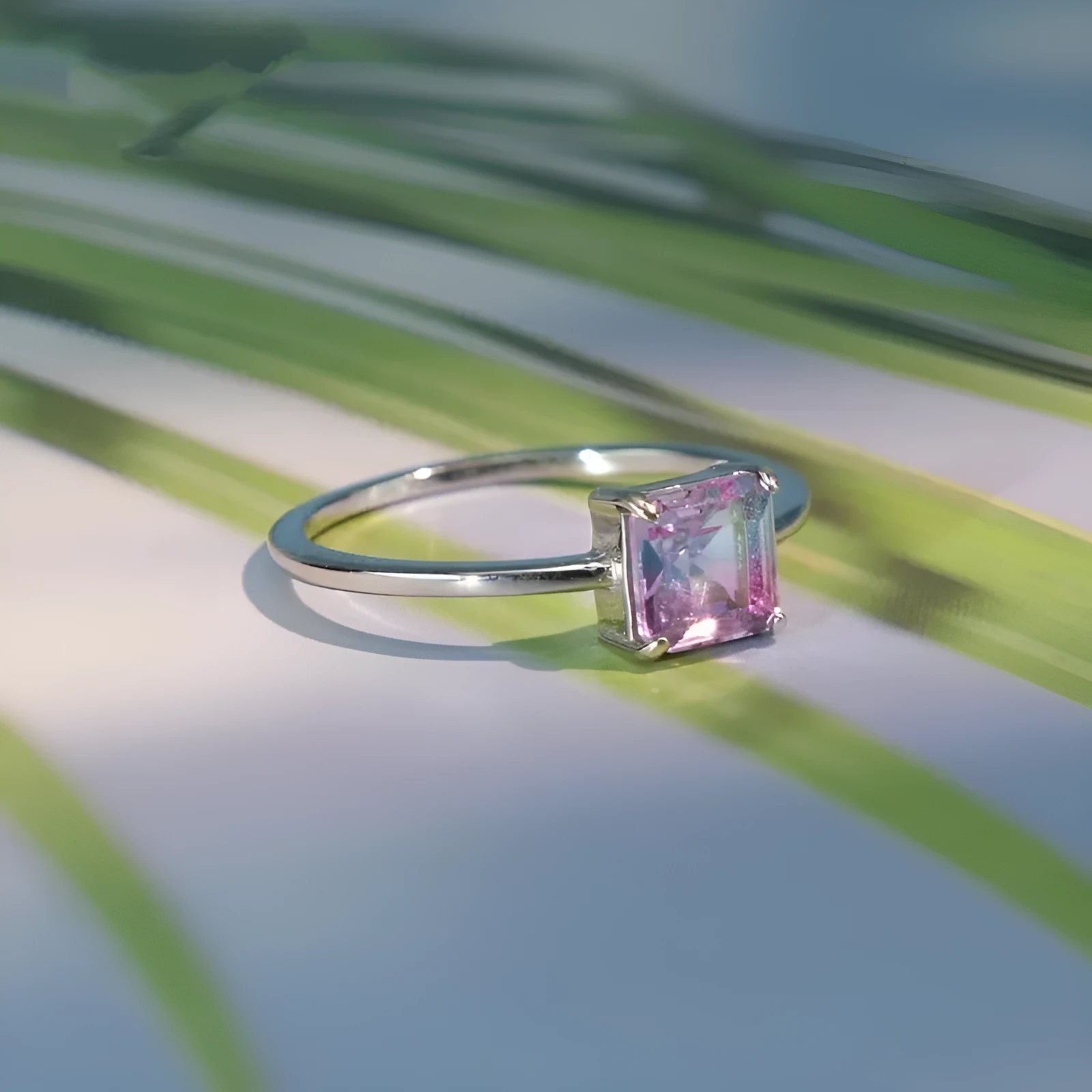 S925 sterling silver slim ring with quadrilateral watermelon tourmaline gemstone