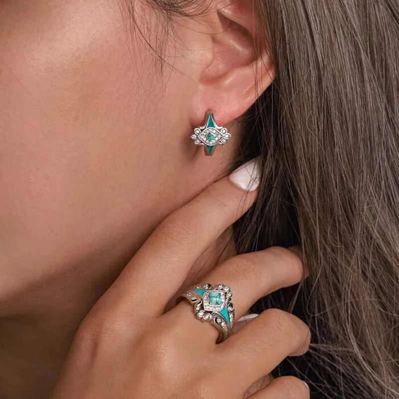 Geometric drop earrings copper inlaid zircon bohemian horse eye round ring white gold colour