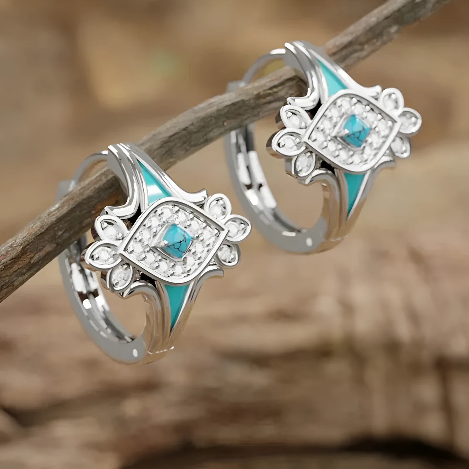 Geometric drop earrings copper inlaid zircon bohemian horse eye round ring white gold colour