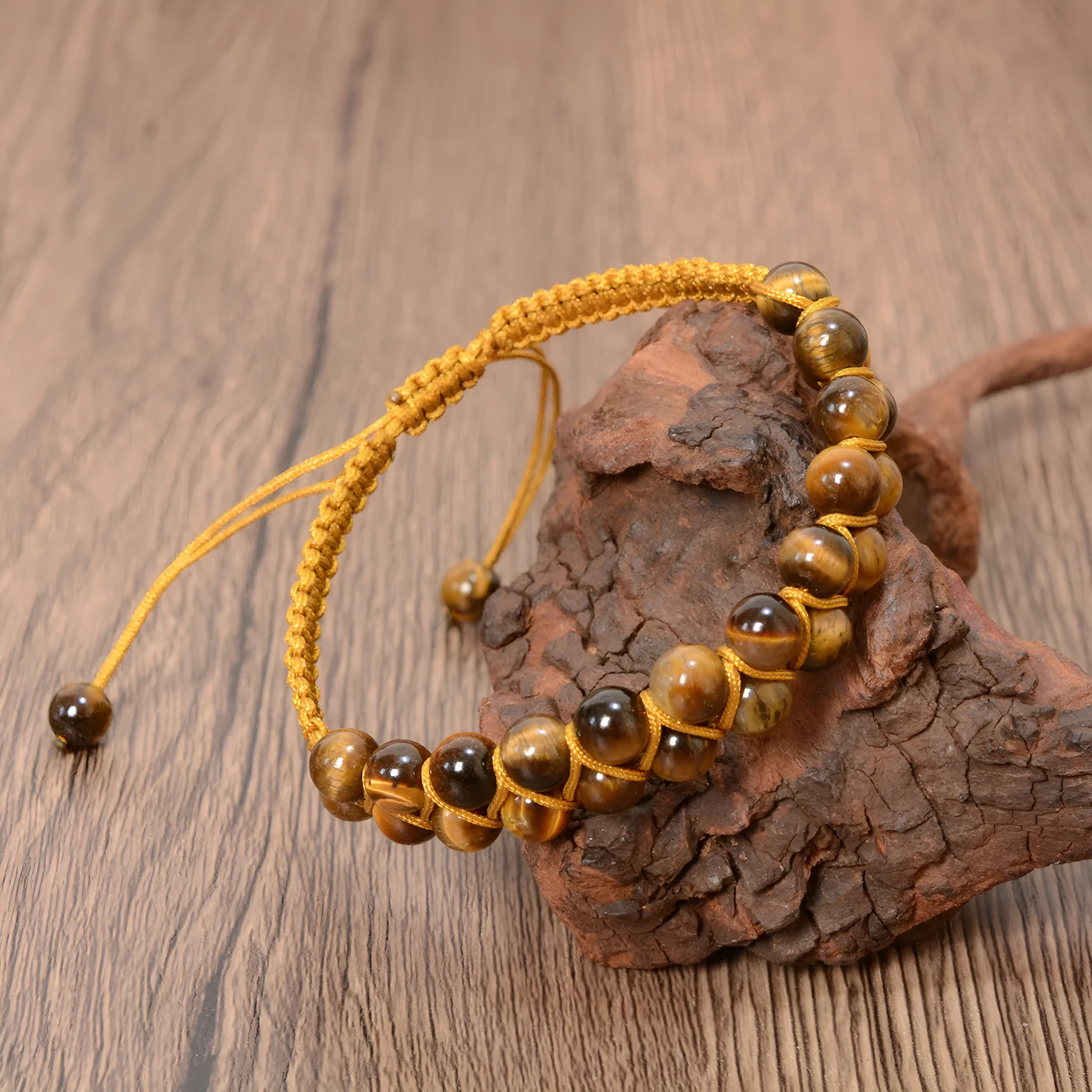 Tigereye hand-woven double layer bracelet with 6mm round beads and adjustable lanyard
