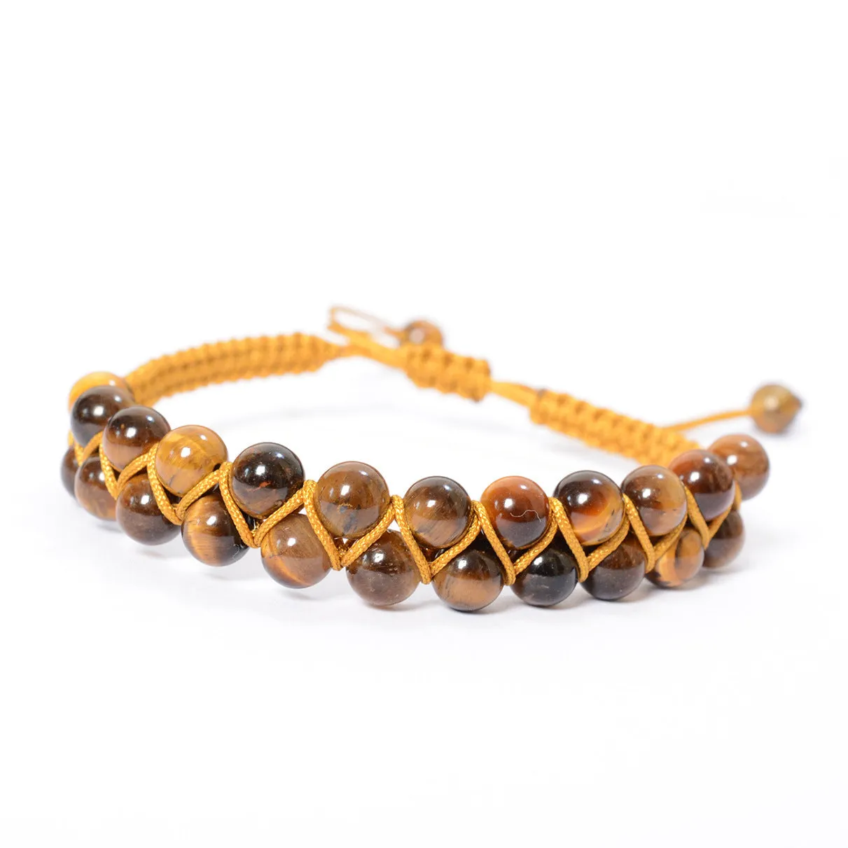 Tigereye hand-woven double layer bracelet with 6mm round beads and adjustable lanyard