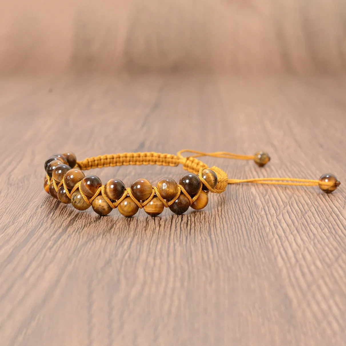 Tigereye hand-woven double layer bracelet with 6mm round beads and adjustable lanyard