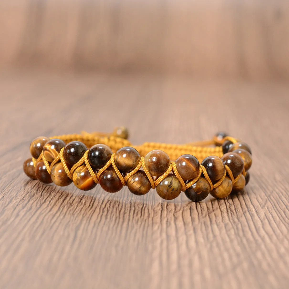 Tigereye hand-woven double layer bracelet with 6mm round beads and adjustable lanyard