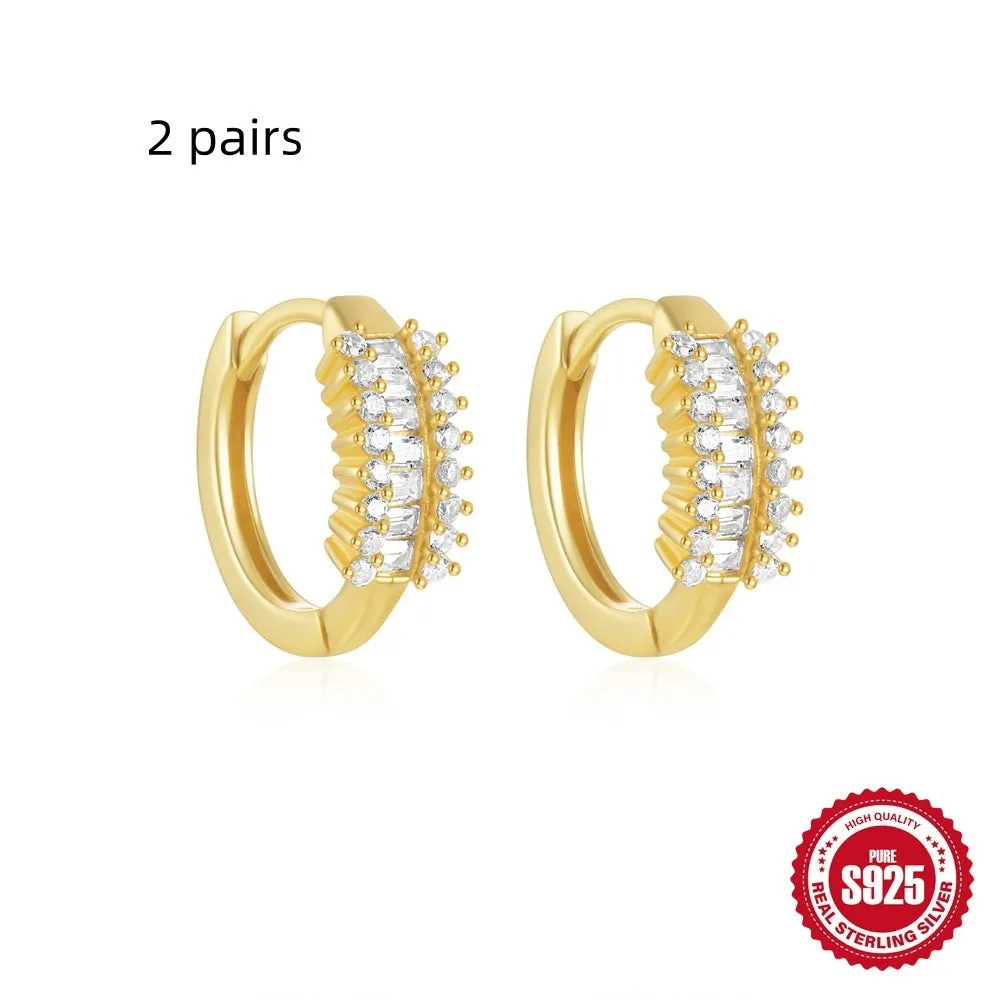 S925 sterling silver geometric stud earrings with diamond accents in gold and silver electroplated finishes