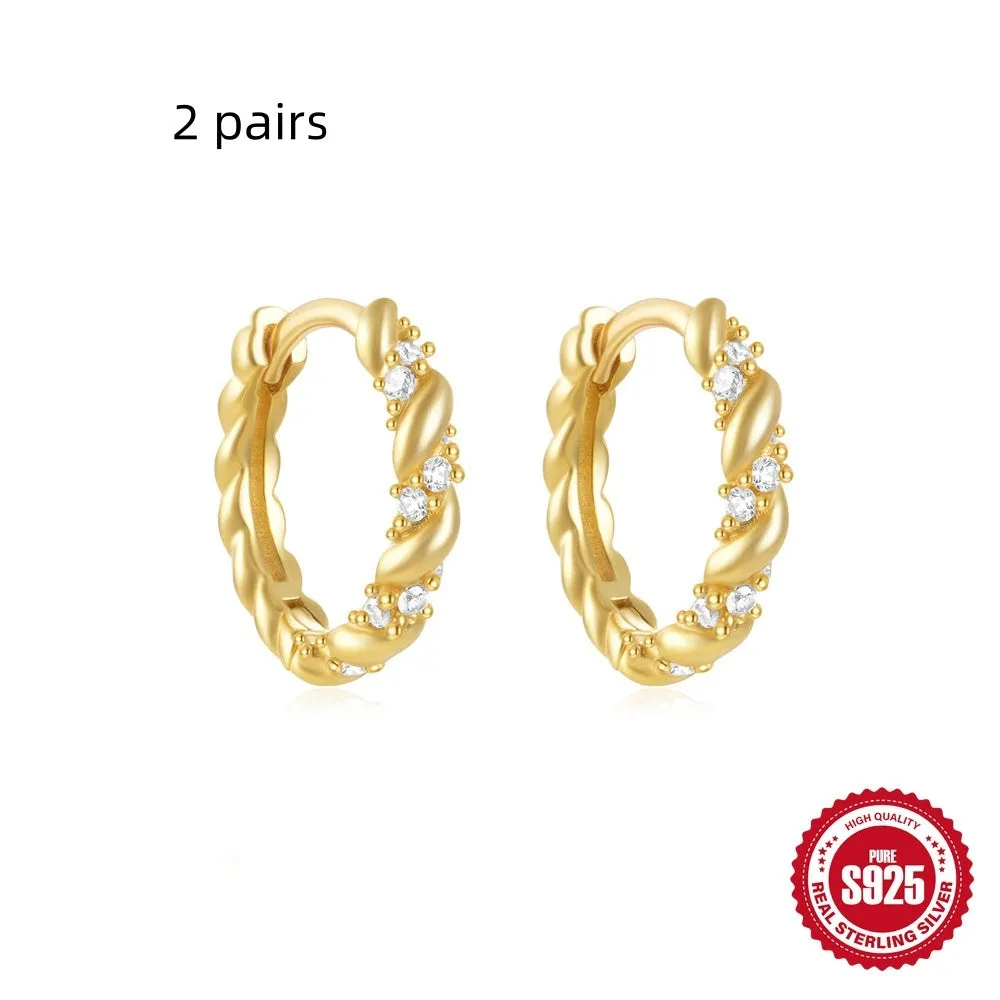 S925 sterling silver geometric stud earrings with diamond accents in gold and silver electroplated finishes