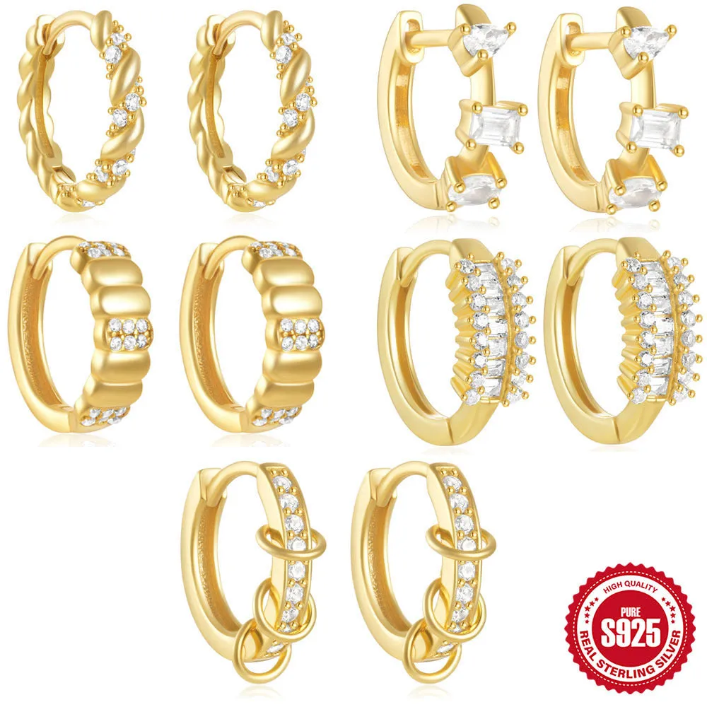 S925 sterling silver geometric stud earrings with diamond accents in gold and silver electroplated finishes