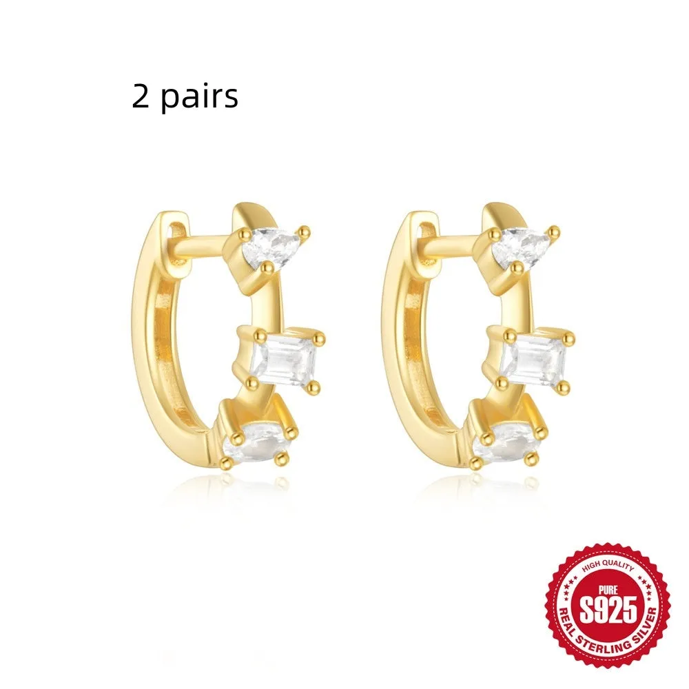 S925 sterling silver geometric stud earrings with diamond accents in gold and silver electroplated finishes
