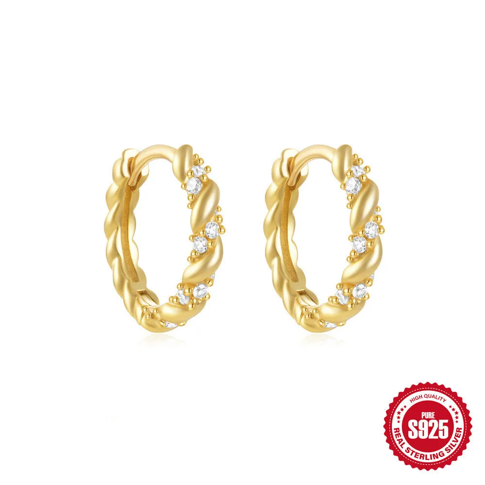 S925 sterling silver geometric stud earrings with diamond accents in gold and silver electroplated finishes