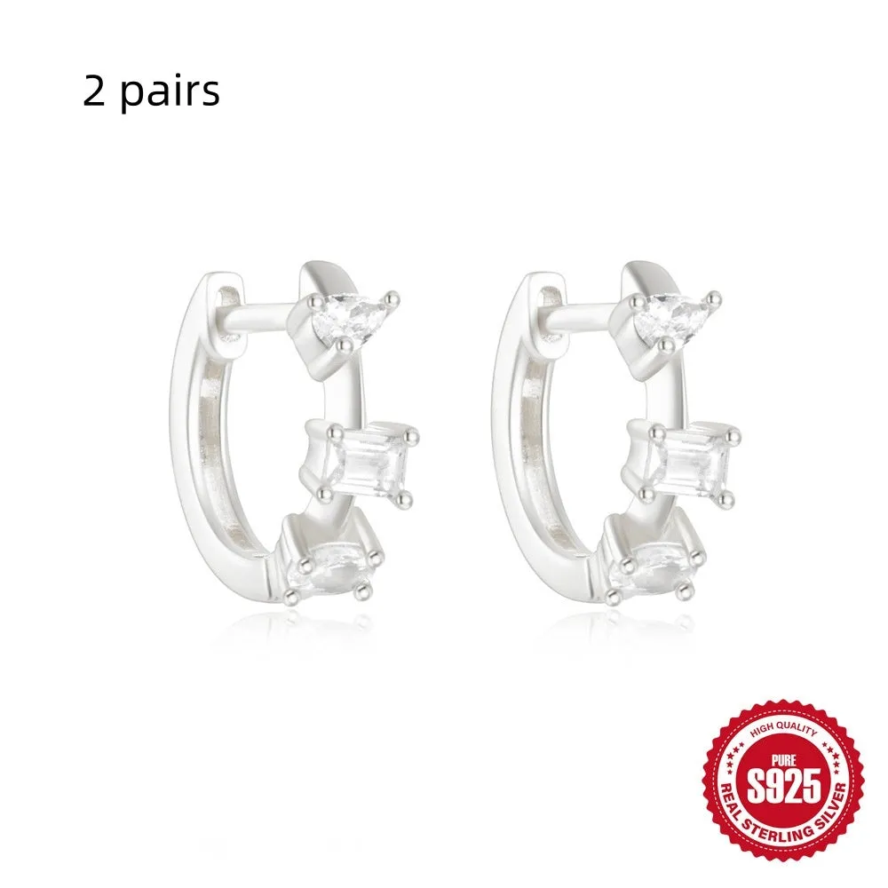 S925 sterling silver geometric stud earrings with diamond accents in gold and silver electroplated finishes