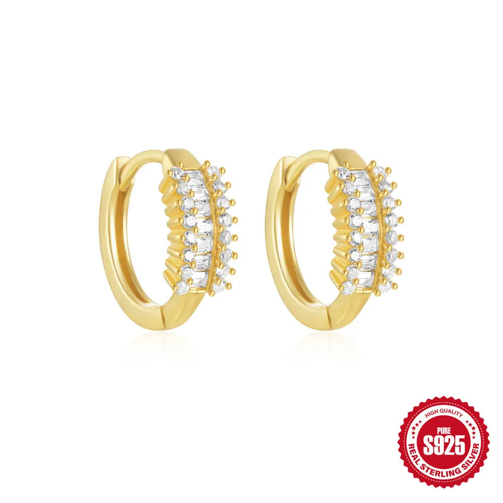 S925 sterling silver geometric stud earrings with diamond accents in gold and silver electroplated finishes