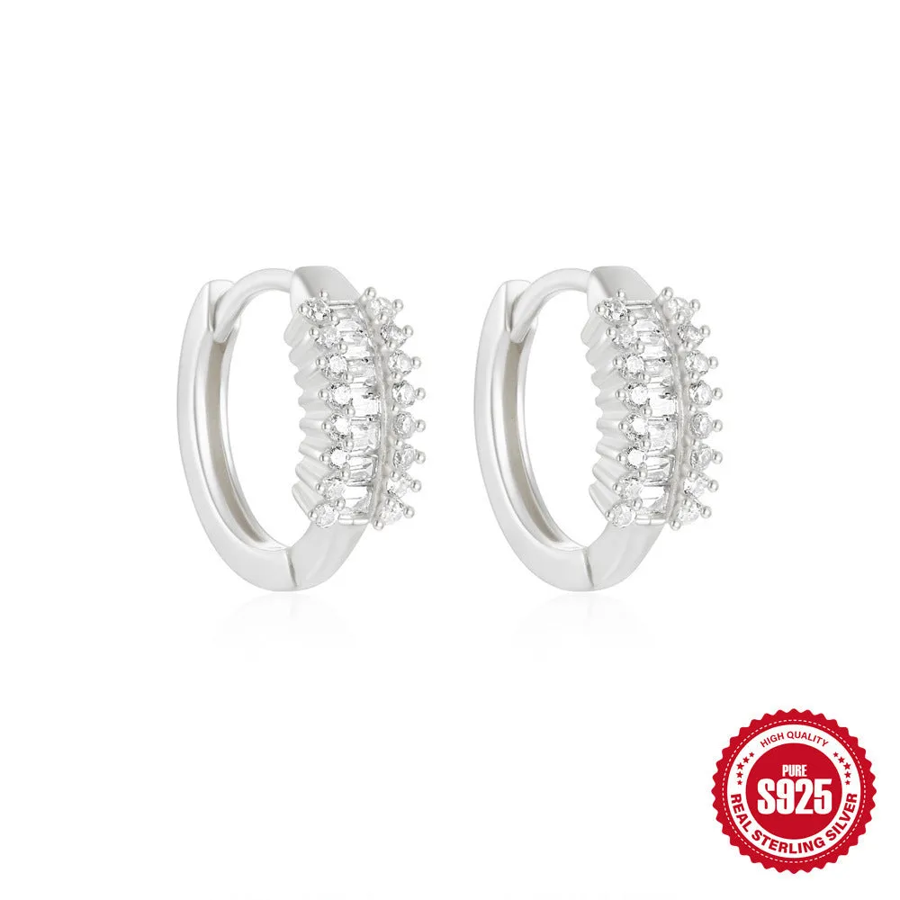 S925 sterling silver geometric stud earrings with diamond accents in gold and silver electroplated finishes
