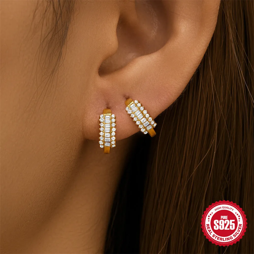 S925 sterling silver geometric stud earrings with diamond accents in gold and silver electroplated finishes