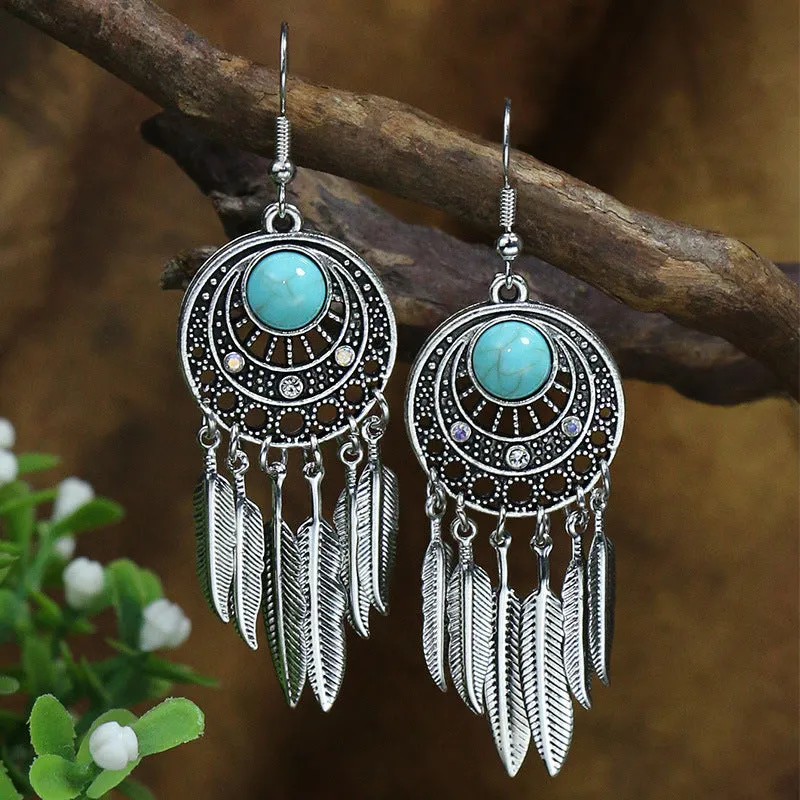 Women's retro exaggerated earrings with geometric shape and tassel details in alloy with electroplating finish